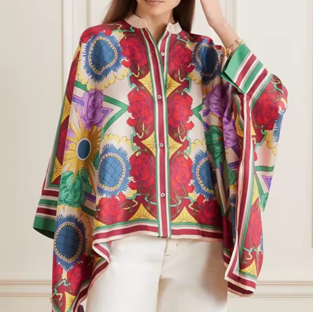 Flower PrintStand Collar Blouses Women Spring Summer High-lowButtoned Shirts T - Picture 2 of 5